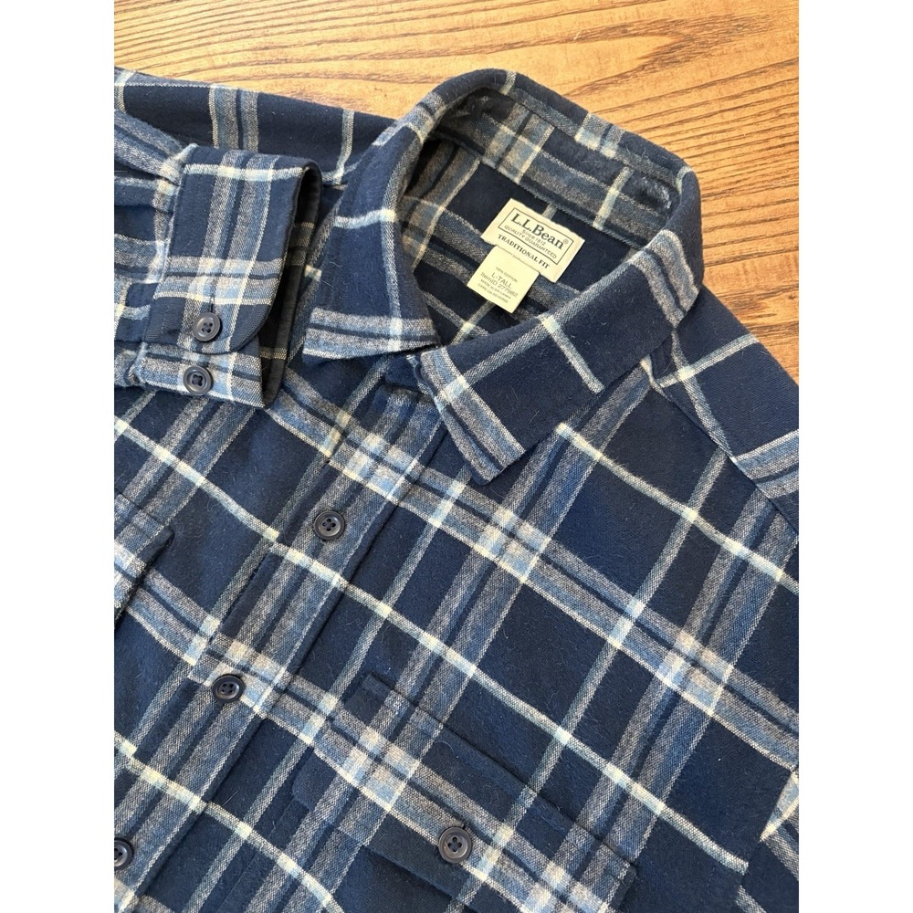 LL Bean Men's Large Tall Blue Plaid Chamois Flannel Long Sleeve Shirt
